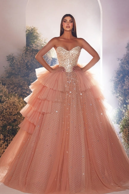 Lujoso vestido de fiesta largo rosa de corte princesa, corte en A, tul, sin mangas, con cuentas y perlas.