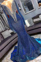 Robes de bal sirène luxueuses à sequins, longues et transparentes, avec manches