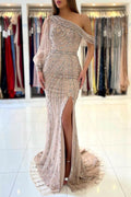 Luxurious Long Sleeves Beadings Prom Dress Long Mermaid Eevning Gowns With Slit