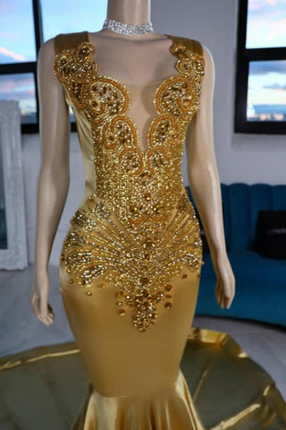 Vestidos de fiesta amarillos de satén de sirena, sin mangas, con escote en V y pedrería.