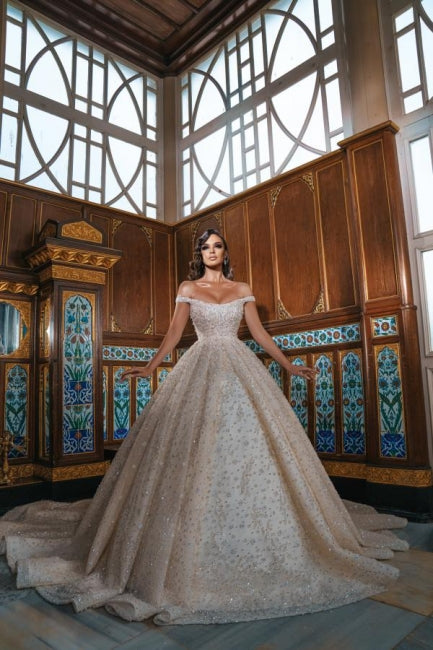 Robe de bal luxueuse à épaules dénudées, ornée de cristaux brillants et fendue sur le devant, avec traîne chapelle. 
