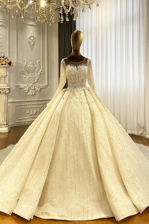 Vestido de novia de corte princesa, manga larga, corte en A, color marfil, con cuentas