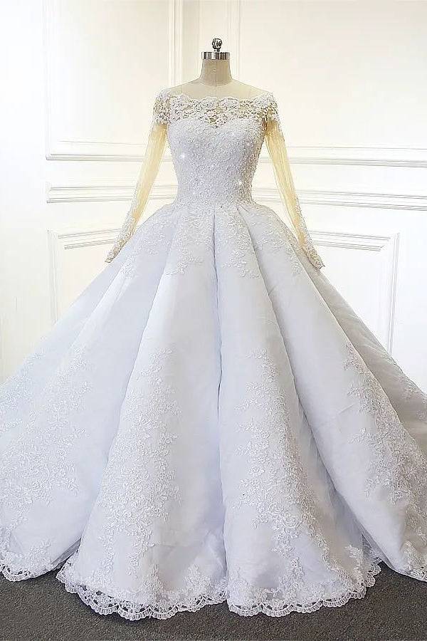 Vestido de novia de encaje blanco de corte princesa, manga larga y corte en A
