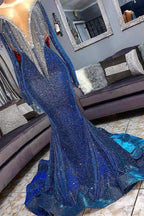 Luxurious Sequins Long Sleeves Mermaid Sheer Neckline Prom Dresses