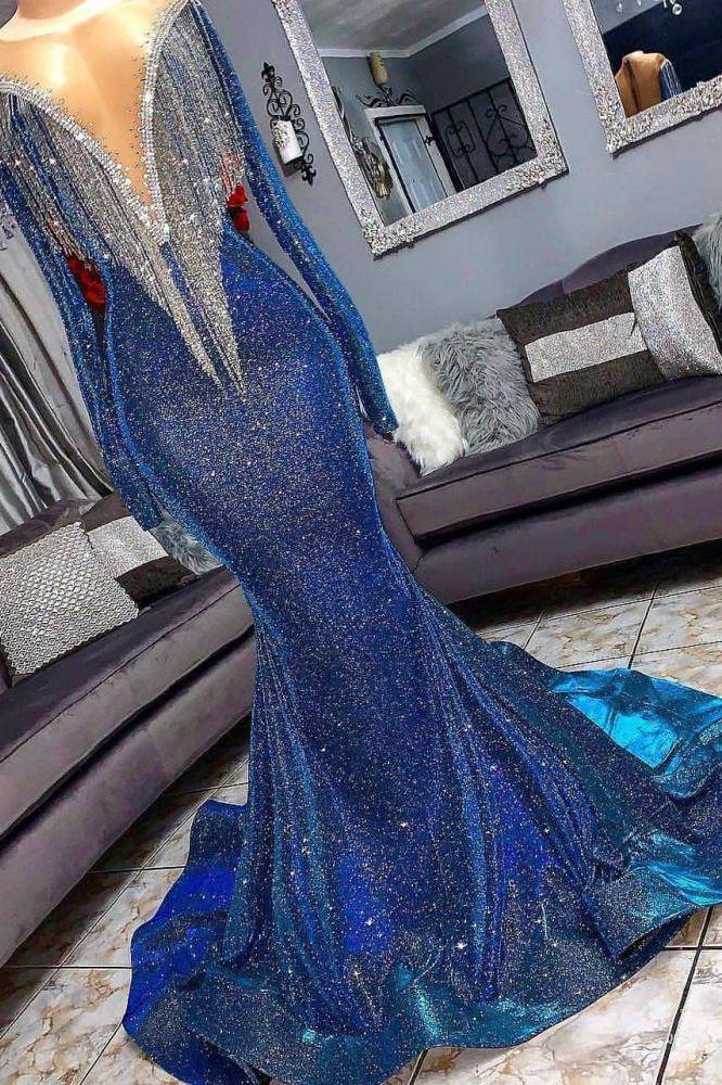Luxurious Sequins Long Sleeves Mermaid Sheer Neckline Prom Dresses