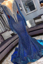 Luxurious Sequins Long Sleeves Mermaid Sheer Neckline Prom Dresses