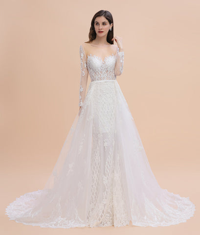 Vestidos de novia de sirena de lujo con encaje de cuentas, apliques de tul y cola desmontable. 