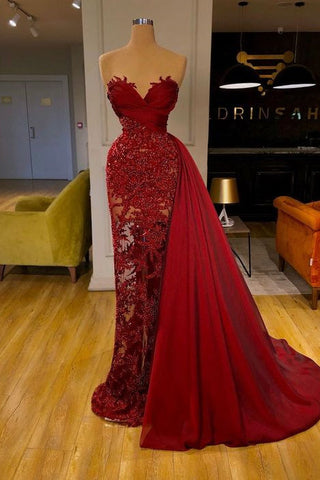 Robe de bal sirène de luxe bordeaux avec traîne amovible et dentelle