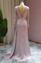 Robe de bal sirène lilas clair de luxe, longue jusqu'au sol, à volants et manches longues