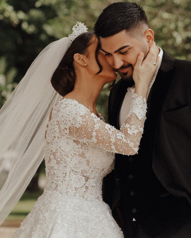 Vestidos de novia de encaje de lujo | Vestidos de novia corte A con mangas