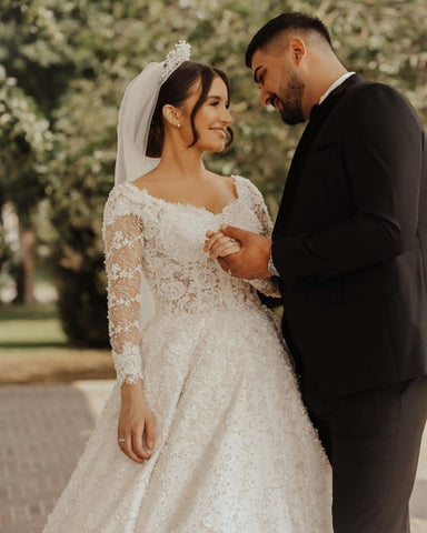 Vestidos de novia de encaje de lujo | Vestidos de novia corte A con mangas