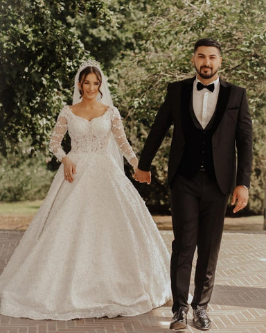 Vestidos de novia de encaje de lujo | Vestidos de novia corte A con mangas