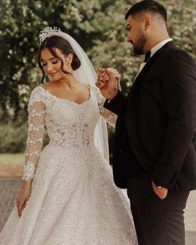 Vestidos de novia de encaje de lujo | Vestidos de novia corte A con mangas