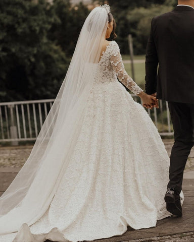 Vestidos de novia de encaje de lujo | Vestidos de novia corte A con mangas