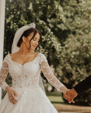 Vestidos de novia de encaje de lujo | Vestidos de novia corte A con mangas