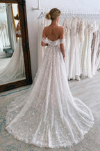 Robes de mariée de luxe longues en dentelle à épaules dénudées, coupe trapèze et paillettes