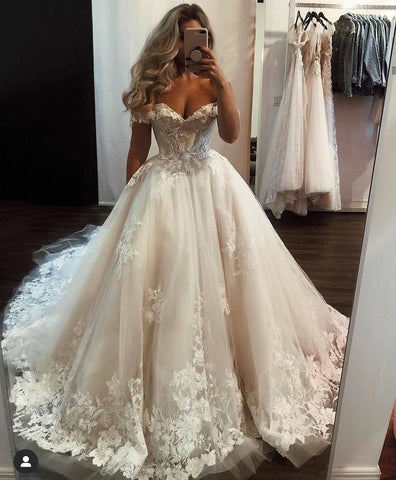 Vestido de novia largo de lujo, corte en A, con hombros descubiertos, de tul y encaje