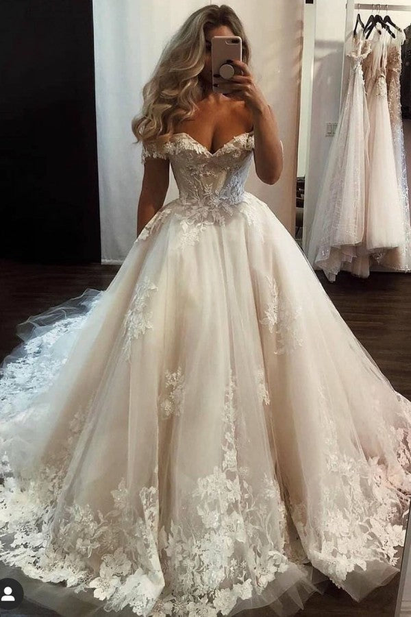 Vestido de novia largo de lujo, corte en A, con hombros descubiertos, de tul y encaje