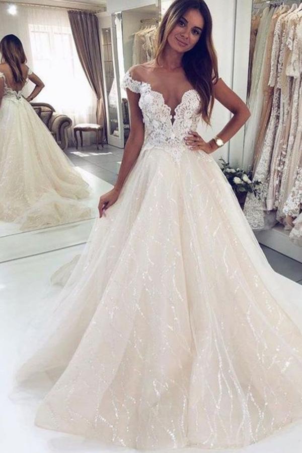 Luxury Long A-line Off-the-shoulder Tulle Open Back Glitter Wedding Dress