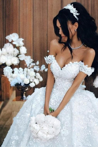 Vestidos de novia largos de lujo con hombros descubiertos, apliques y encaje