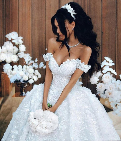 Vestidos de novia largos de lujo con hombros descubiertos, apliques y encaje