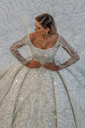 Vestido de novia largo de lujo con lentejuelas, hombros descubiertos, espalda descubierta y mangas.