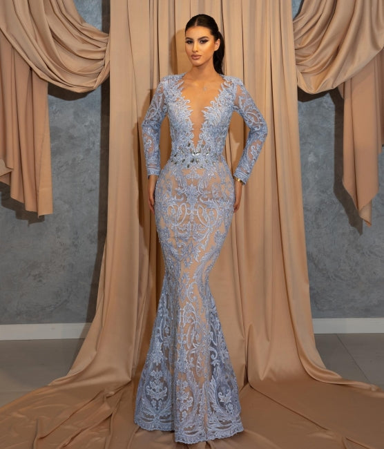 Robes de bal sirène longues en dentelle bleue de luxe avec manches
