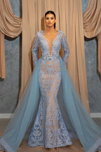 Robes de bal sirène longues en dentelle bleue de luxe avec manches