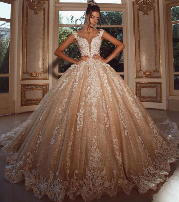 Robe de mariée longue et luxueuse à paillettes, style princesse, avec dentelle 