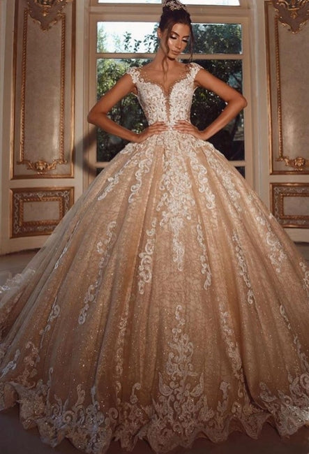 Robe de mariée longue et luxueuse à paillettes, style princesse, avec dentelle 