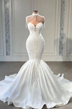 Vestido de novia largo de sirena de lujo con encaje, escote corazón y satén