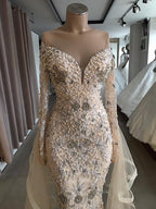 Robe de bal longue sirène de luxe à épaules dénudées et manches
