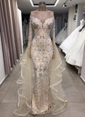 Robe de bal longue sirène de luxe à épaules dénudées et manches