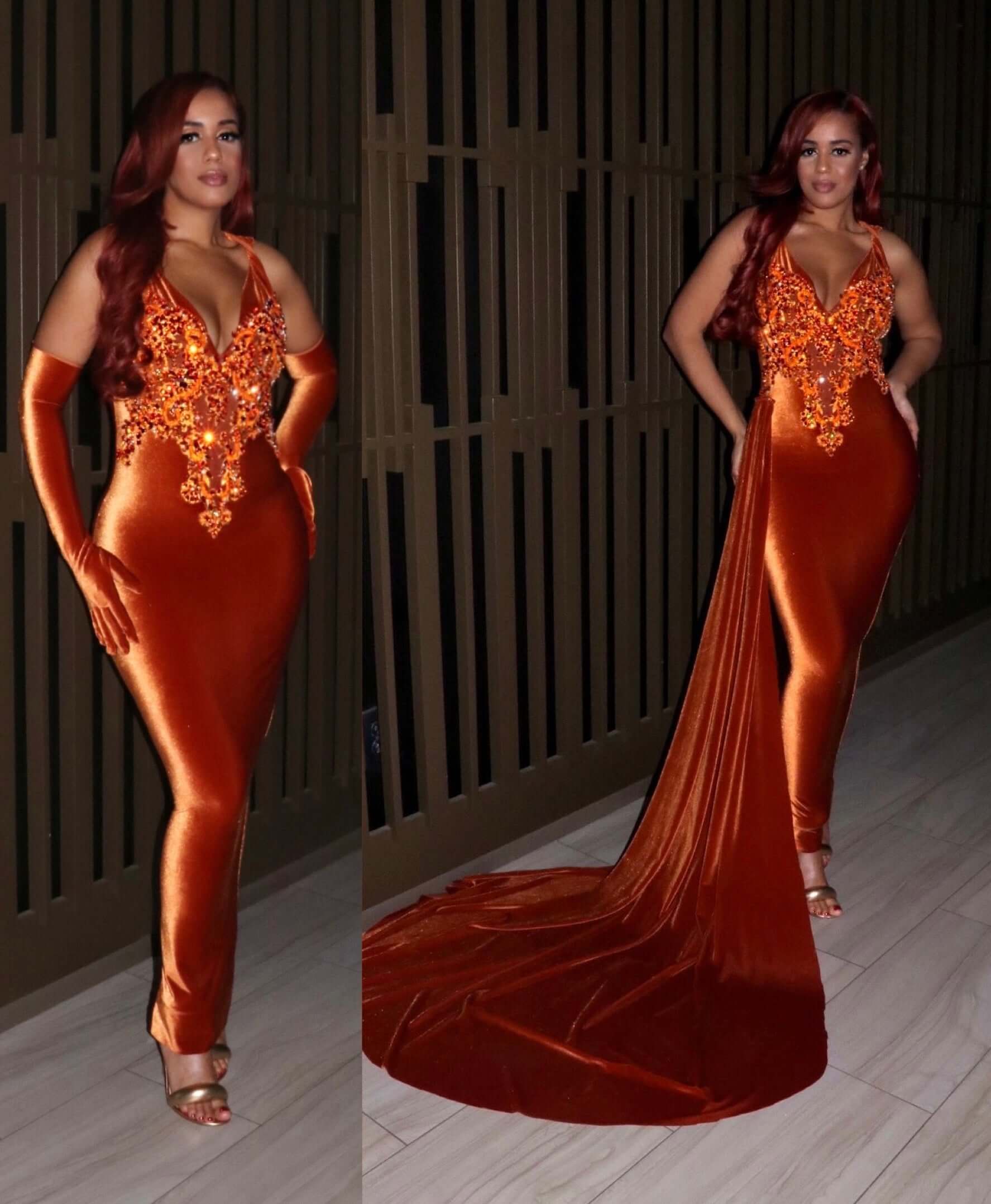 Vestido de fiesta largo de sirena de lujo, sin mangas, con escote en V y cola