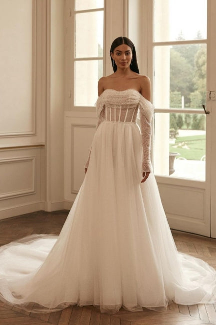 Robes de mariée de luxe à manches longues, coupe trapèze, épaules dénudées et sequins