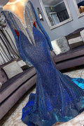 Robe de bal junior de luxe à manches longues et franges bleu brillant avec traîne