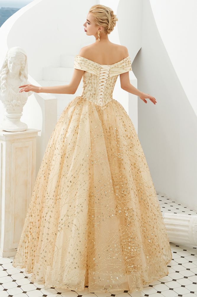 Robe de bal de princesse luxueuse en tulle à épaules dénudées et sequins pour filles