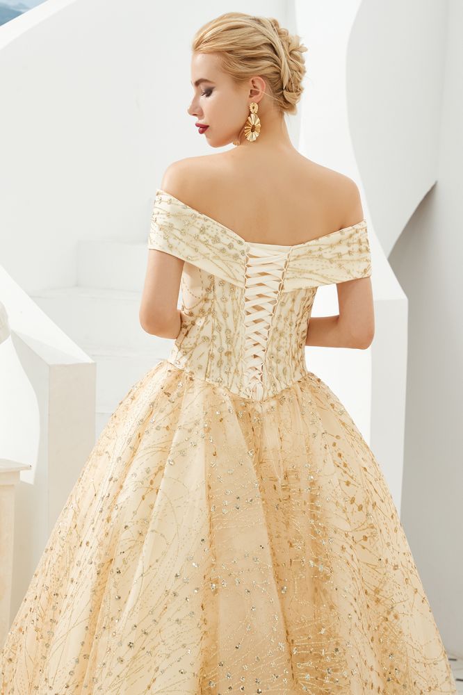 Robe de bal de princesse luxueuse en tulle à épaules dénudées et sequins pour filles