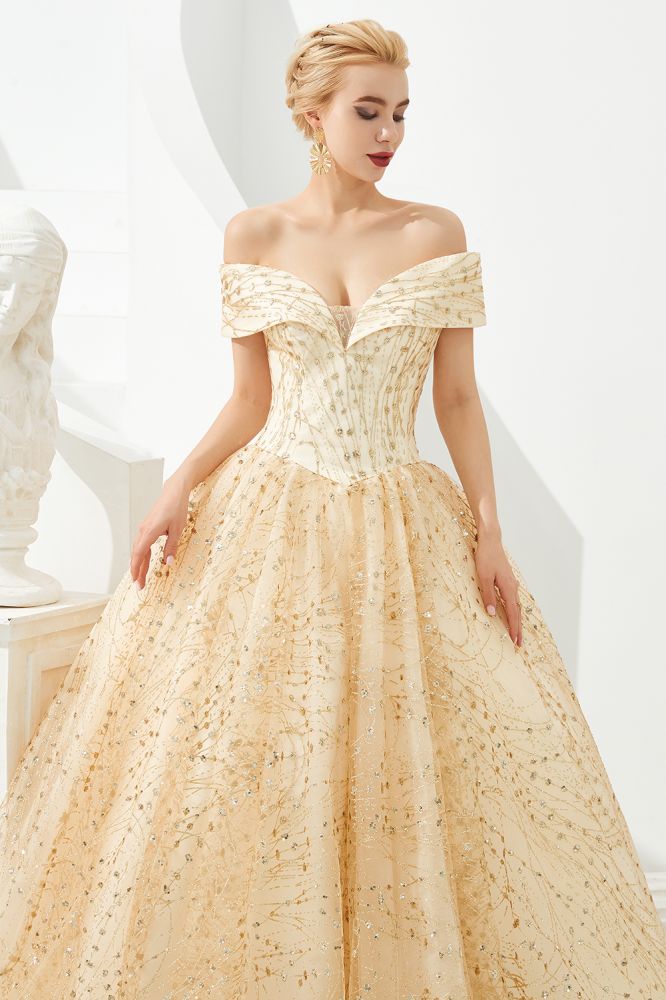 Robe de bal de princesse luxueuse en tulle à épaules dénudées et sequins pour filles