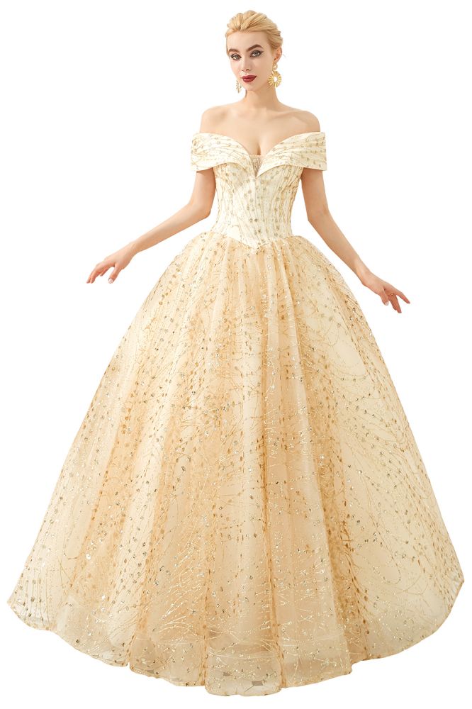 Robe de bal de princesse luxueuse en tulle à épaules dénudées et sequins pour filles