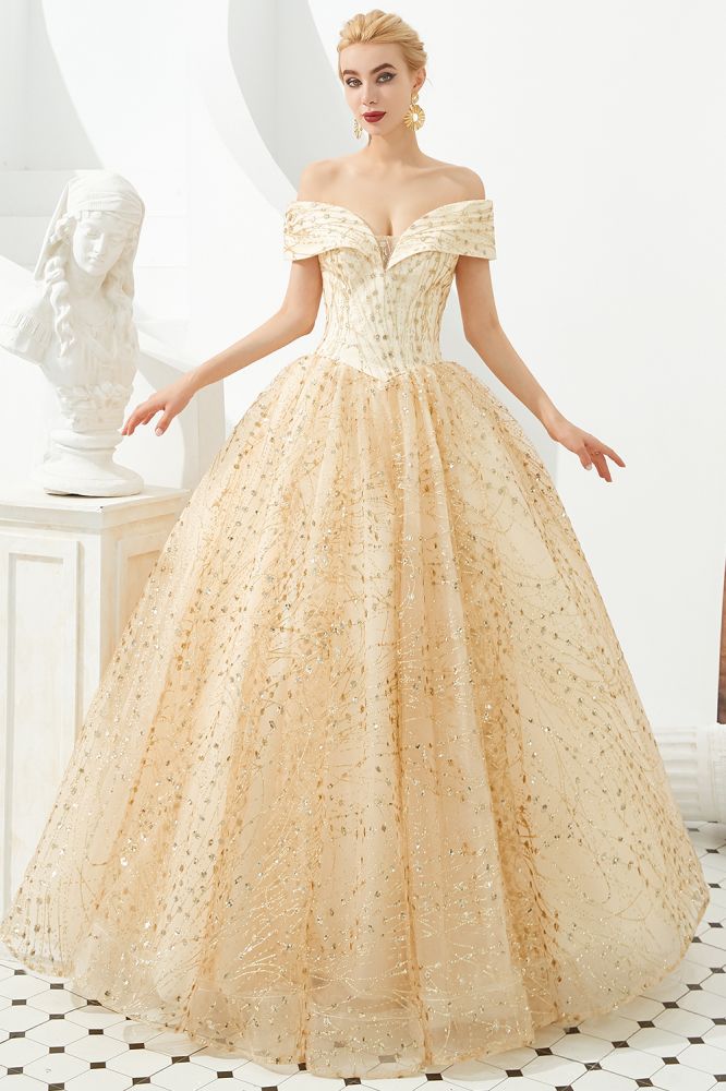 Robe de bal de princesse luxueuse en tulle à épaules dénudées et sequins pour filles