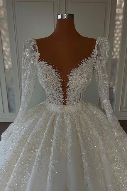 Robes de mariée de luxe de princesse, coupe trapèze, col en V, en dentelle et manches longues