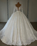 Robes de mariée de luxe de princesse, coupe trapèze, col en V, en dentelle et manches longues