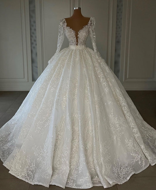 Robes de mariée de luxe de princesse, coupe trapèze, col en V, en dentelle et manches longues