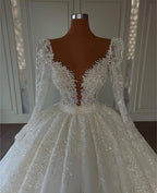 Robes de mariée de luxe de princesse, coupe trapèze, col en V, en dentelle et manches longues