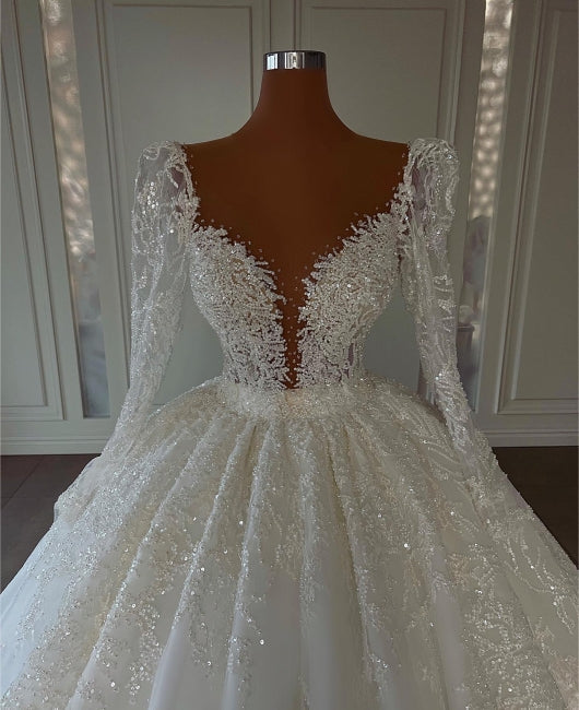 Robes de mariée de luxe de princesse, coupe trapèze, col en V, en dentelle et manches longues