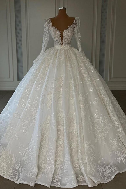 Robes de mariée de luxe de princesse, coupe trapèze, col en V, en dentelle et manches longues