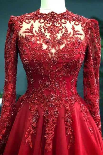 Robe de soirée rouge de luxe à manches longues et dentelle 