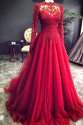 Robe de soirée rouge de luxe à manches longues et dentelle 