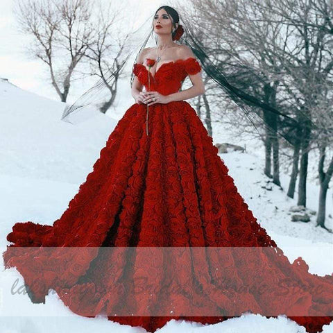 Baoleely Luxury Red Lace Foral Wedding Dresses Long Train